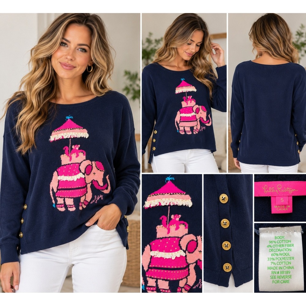 Lilly Pulitzer Sweater Elephant Pink Graphic Navy Blue Cotton Knit Preppy Size S